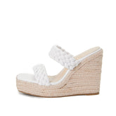 Lässige Espadrilles mit geflochtenem Plateau-Keilabsatz und quadratischer Zehenpartie - Weiß